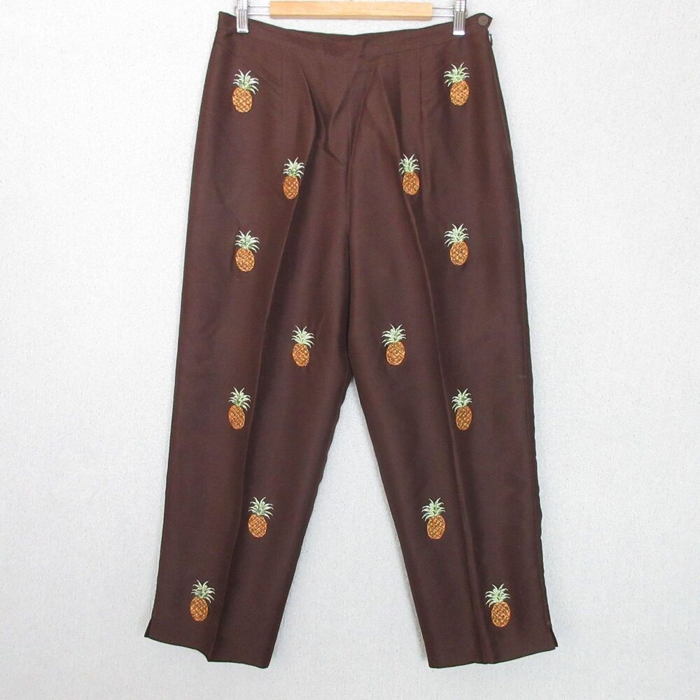Silkland Pants Womens 12 Pineapple Embroidered Silk Brown Side Zip Lined Elegant